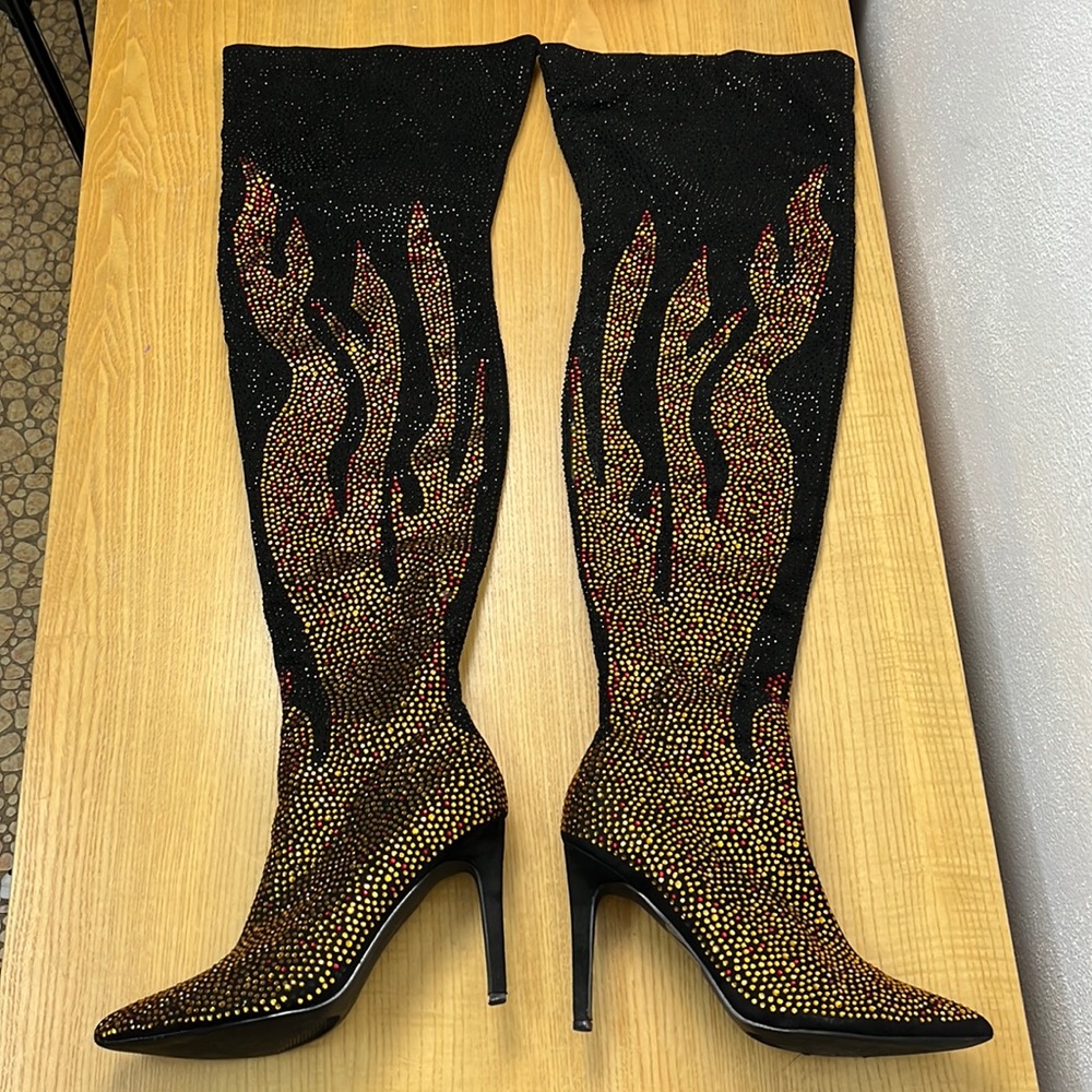 Thigh high fire pattern, rhinestone boots   J